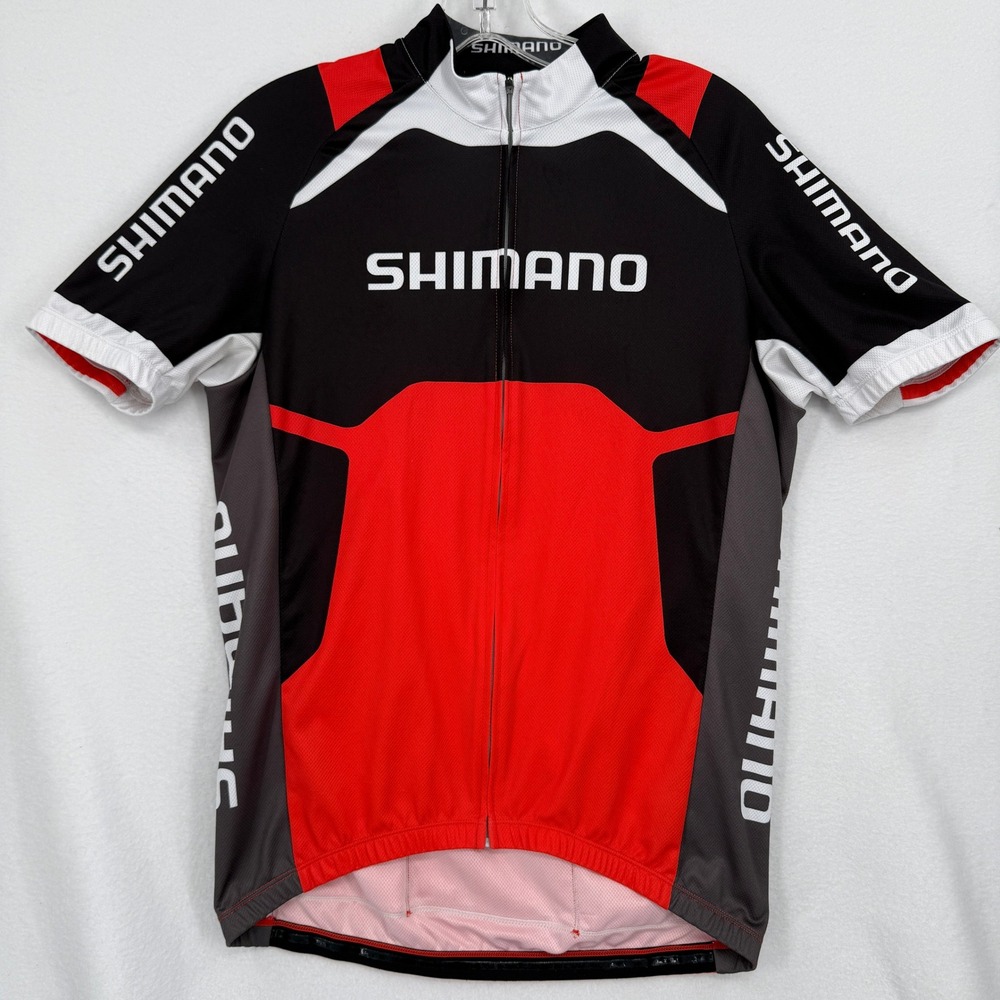 Shimano Cycling Jersey Mens Medium Red Black Short Sleeve Full Zip Pockets